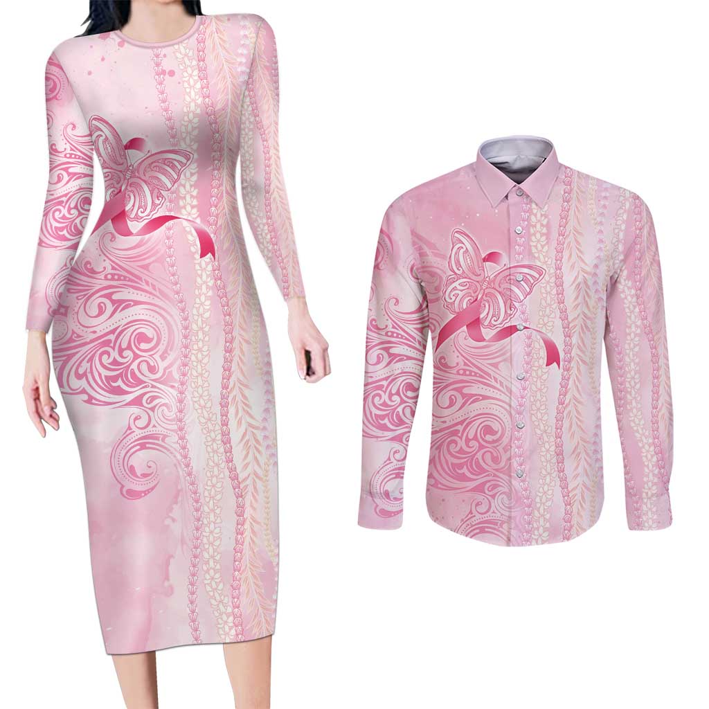 Breast Cancer Awareness Couples Matching Long Sleeve Bodycon Dress and Long Sleeve Button Shirt Maile Pikake Lokelani Crown Flower Lei Inspired LT9 Pink - Polynesian Pride