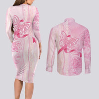 Breast Cancer Awareness Couples Matching Long Sleeve Bodycon Dress and Long Sleeve Button Shirt Maile Pikake Lokelani Crown Flower Lei Inspired LT9 - Polynesian Pride