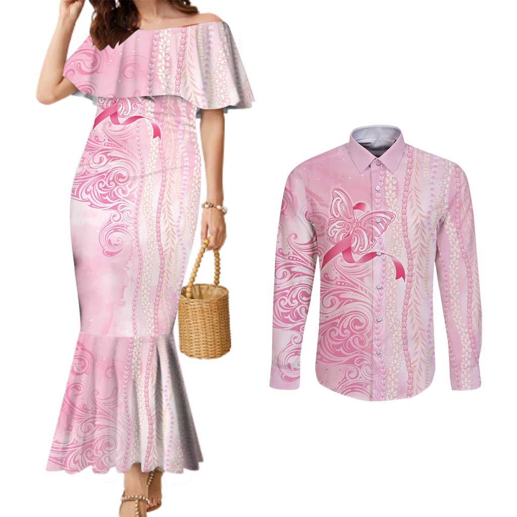 Breast Cancer Awareness Couples Matching Mermaid Dress and Long Sleeve Button Shirt Maile Pikake Lokelani Crown Flower Lei Inspired