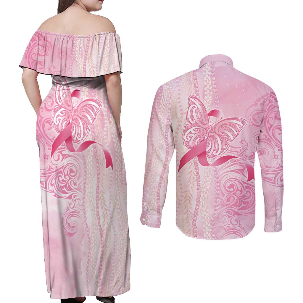 Breast Cancer Awareness Couples Matching Off Shoulder Maxi Dress and Long Sleeve Button Shirt Maile Pikake Lokelani Crown Flower Lei Inspired LT9 - Polynesian Pride