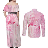 Breast Cancer Awareness Couples Matching Off Shoulder Maxi Dress and Long Sleeve Button Shirt Maile Pikake Lokelani Crown Flower Lei Inspired LT9 - Polynesian Pride