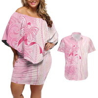 Breast Cancer Awareness Couples Matching Off Shoulder Short Dress and Hawaiian Shirt Maile Pikake Lokelani Crown Flower Lei Inspired LT9 Pink - Polynesian Pride