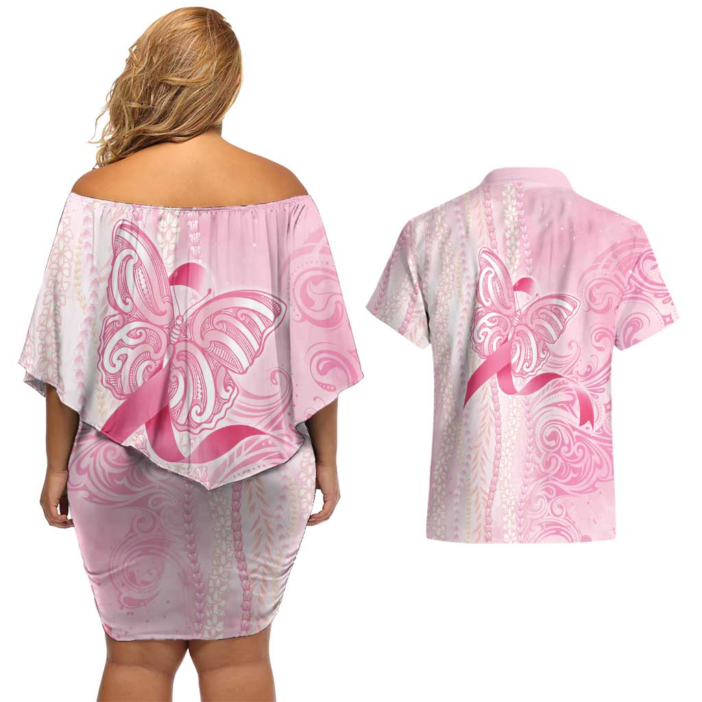 Breast Cancer Awareness Couples Matching Off Shoulder Short Dress and Hawaiian Shirt Maile Pikake Lokelani Crown Flower Lei Inspired LT9 - Polynesian Pride