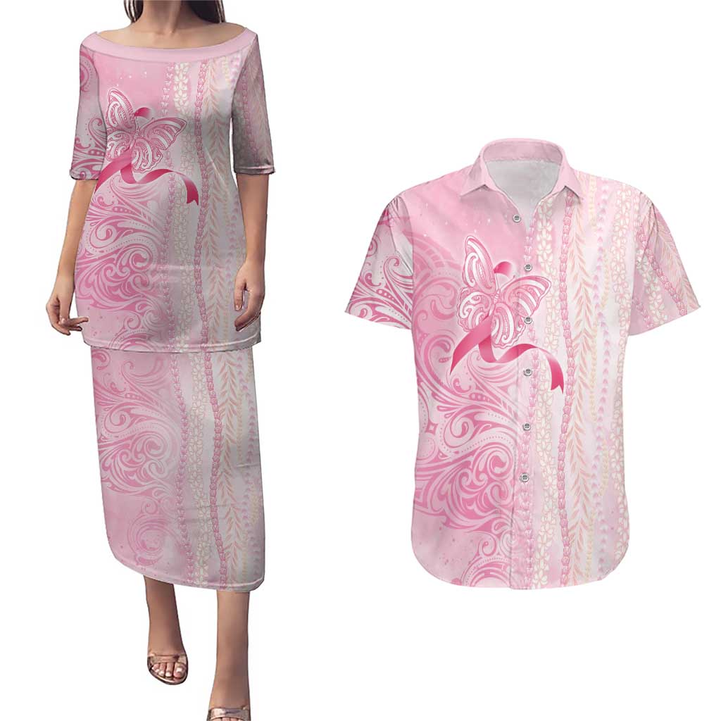 Breast Cancer Awareness Couples Matching Puletasi and Hawaiian Shirt Maile Pikake Lokelani Crown Flower Lei Inspired LT9 Pink - Polynesian Pride