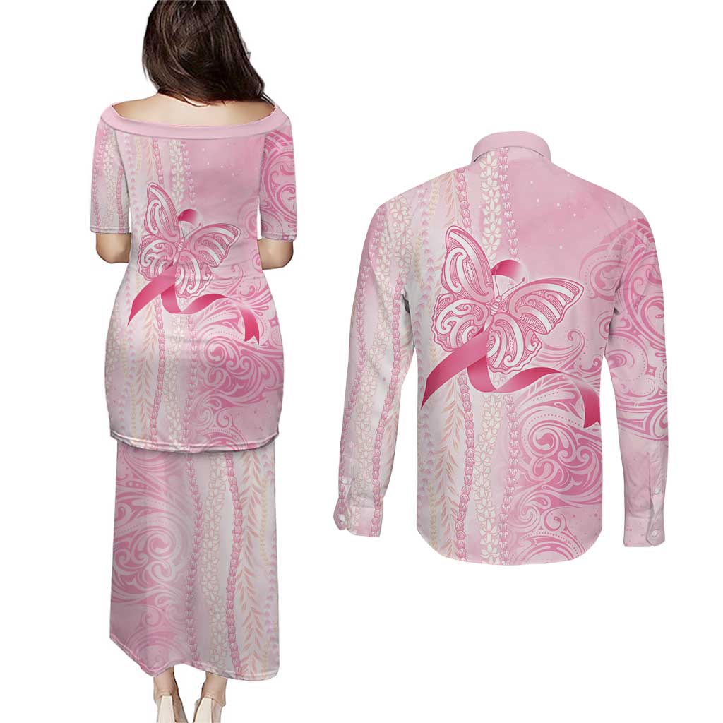Breast Cancer Awareness Couples Matching Puletasi and Long Sleeve Button Shirt Maile Pikake Lokelani Crown Flower Lei Inspired