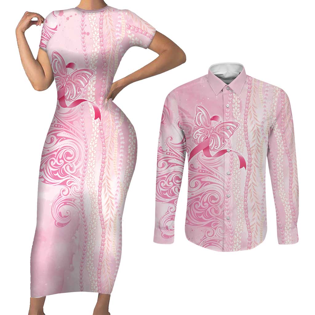 Breast Cancer Awareness Couples Matching Short Sleeve Bodycon Dress and Long Sleeve Button Shirt Maile Pikake Lokelani Crown Flower Lei Inspired LT9 Pink - Polynesian Pride