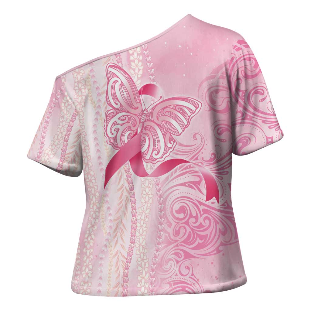 Breast Cancer Awareness Cross Shoulder Shirt Maile Pikake Lokelani Crown Flower Lei Inspired