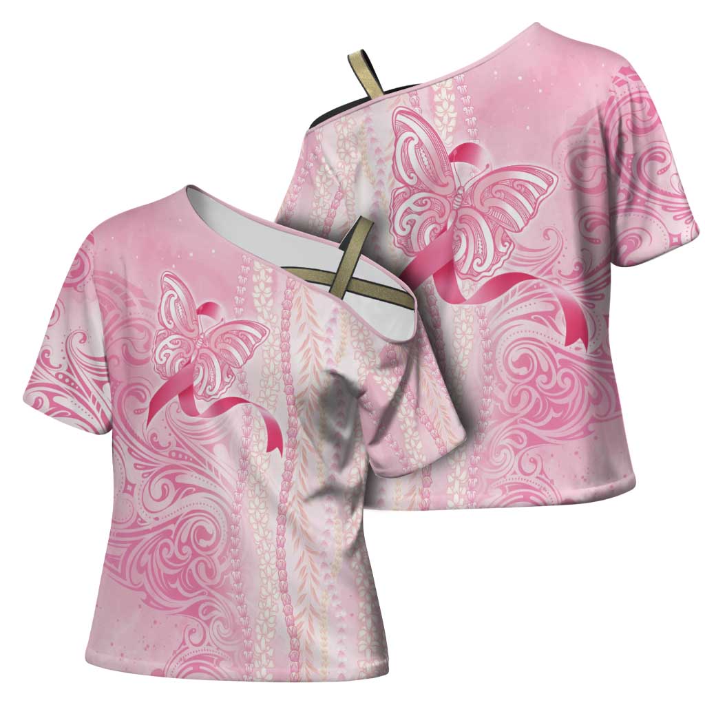 Breast Cancer Awareness Cross Shoulder Shirt Maile Pikake Lokelani Crown Flower Lei Inspired