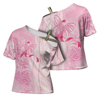 Breast Cancer Awareness Cross Shoulder Shirt Maile Pikake Lokelani Crown Flower Lei Inspired