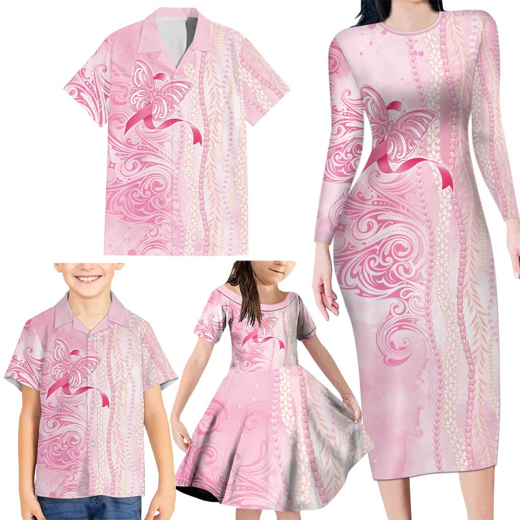 Breast Cancer Awareness Family Matching Long Sleeve Bodycon Dress and Hawaiian Shirt Maile Pikake Lokelani Crown Flower Lei Inspired