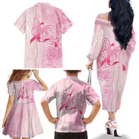 Breast Cancer Awareness Family Matching Off The Shoulder Long Sleeve Dress and Hawaiian Shirt Maile Pikake Lokelani Crown Flower Lei Inspired LT9 - Polynesian Pride
