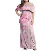 Breast Cancer Awareness Family Matching Off Shoulder Maxi Dress and Hawaiian Shirt Maile Pikake Lokelani Crown Flower Lei Inspired LT9 Mom's Dress Pink - Polynesian Pride