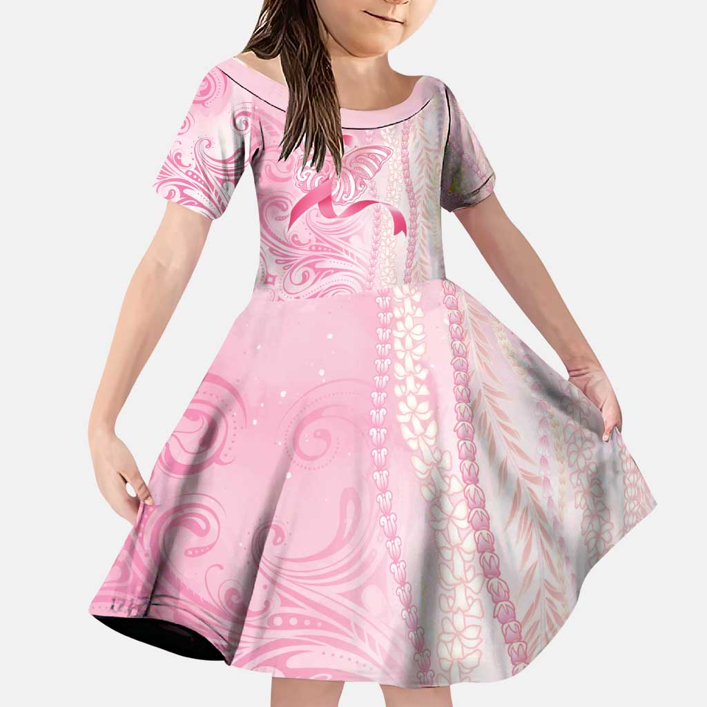 Breast Cancer Awareness Family Matching Off Shoulder Short Dress and Hawaiian Shirt Maile Pikake Lokelani Crown Flower Lei Inspired LT9 Daughter's Dress Pink - Polynesian Pride