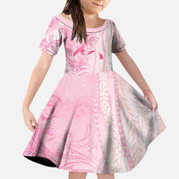 Breast Cancer Awareness Family Matching Off Shoulder Short Dress and Hawaiian Shirt Maile Pikake Lokelani Crown Flower Lei Inspired LT9 Daughter's Dress Pink - Polynesian Pride