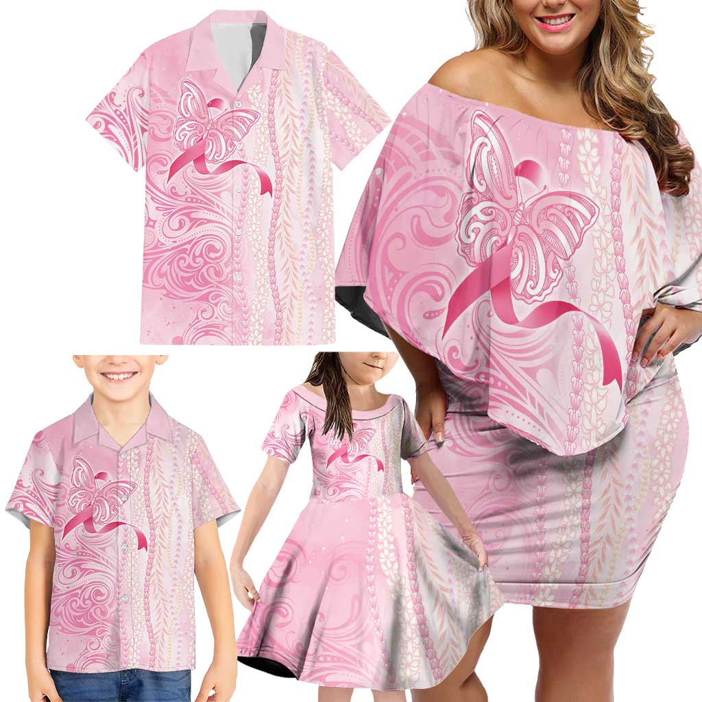 Breast Cancer Awareness Family Matching Off Shoulder Short Dress and Hawaiian Shirt Maile Pikake Lokelani Crown Flower Lei Inspired LT9 - Polynesian Pride