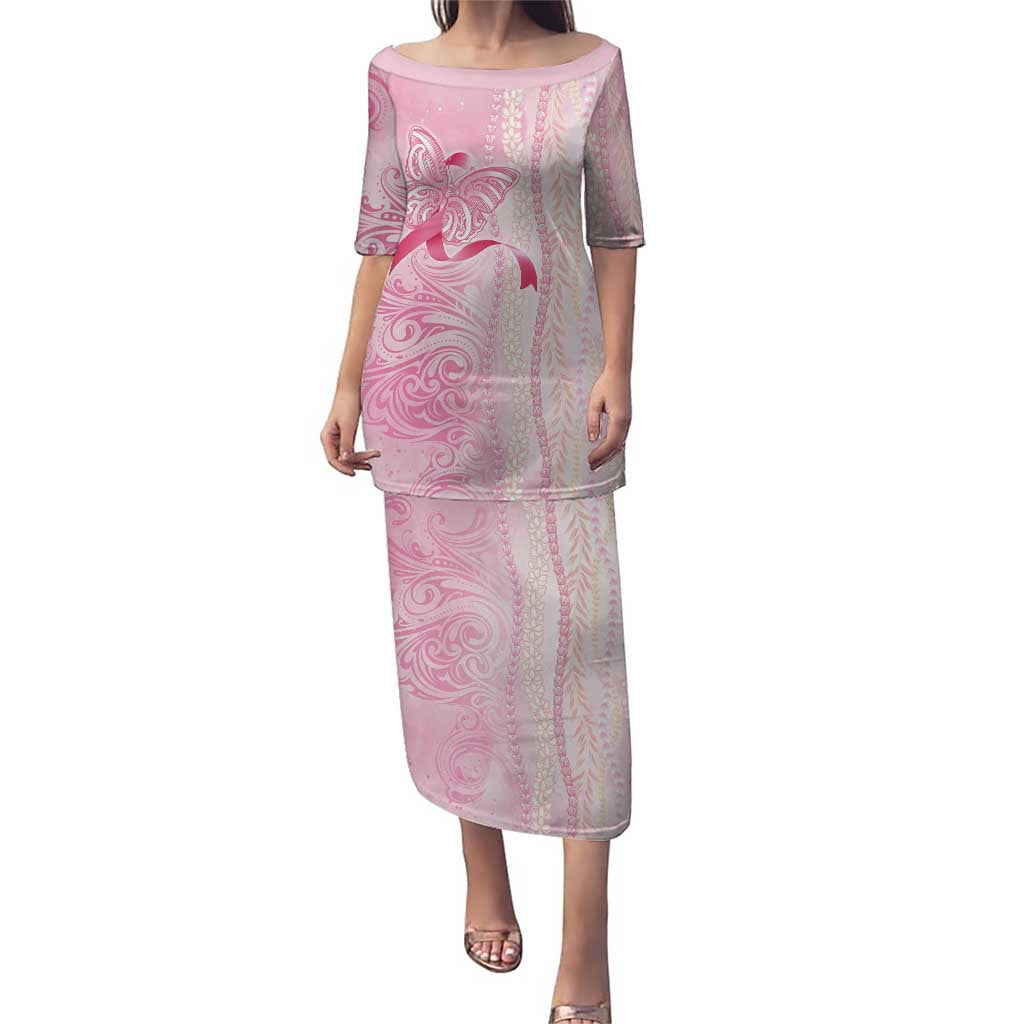 Breast Cancer Awareness Family Matching Puletasi and Hawaiian Shirt Maile Pikake Lokelani Crown Flower Lei Inspired LT9 Mom's Dress Pink - Polynesian Pride