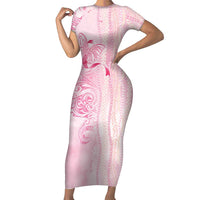 Breast Cancer Awareness Family Matching Short Sleeve Bodycon Dress and Hawaiian Shirt Maile Pikake Lokelani Crown Flower Lei Inspired LT9 Mom's Dress Pink - Polynesian Pride