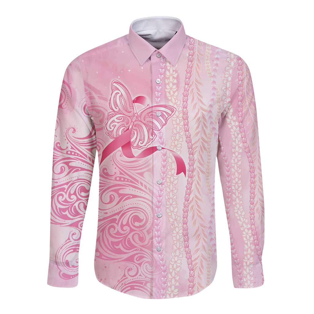 Breast Cancer Awareness Long Sleeve Button Shirt Maile Pikake Lokelani Crown Flower Lei Inspired