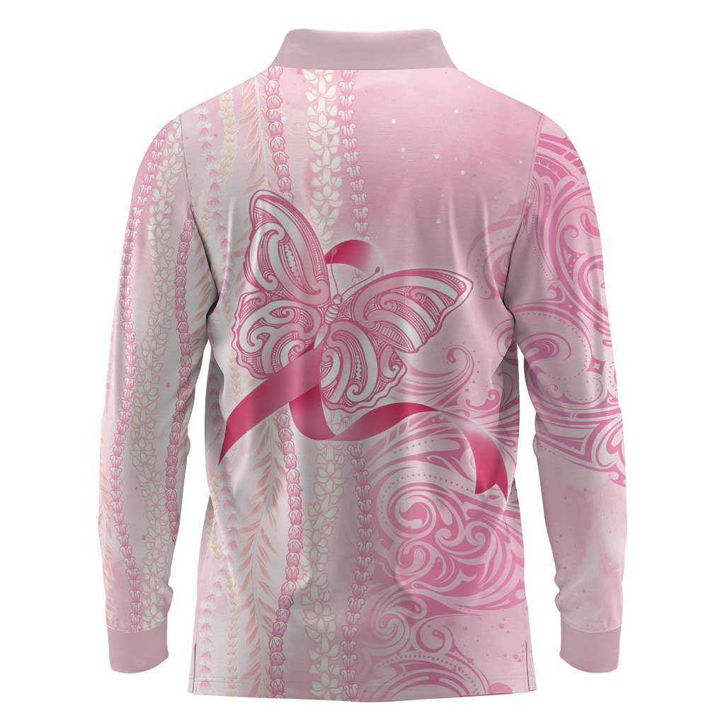 Breast Cancer Awareness Long Sleeve Polo Shirt Maile Pikake Lokelani Crown Flower Lei Inspired