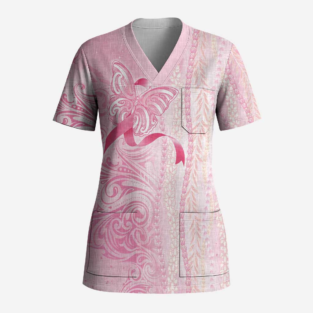 Breast Cancer Awareness Scrub Top Maile Pikake Lokelani Crown Flower Lei Inspired