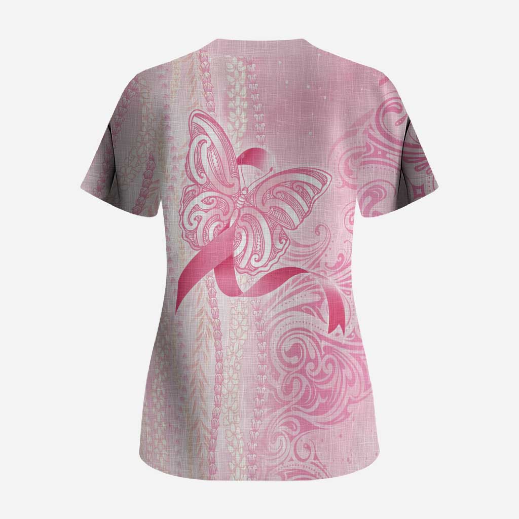 Breast Cancer Awareness Scrub Top Maile Pikake Lokelani Crown Flower Lei Inspired