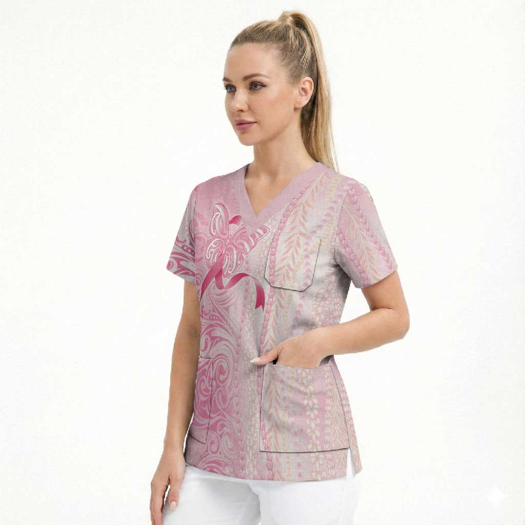 Breast Cancer Awareness Scrub Top Maile Pikake Lokelani Crown Flower Lei Inspired