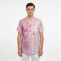 Breast Cancer Awareness Scrub Top Maile Pikake Lokelani Crown Flower Lei Inspired