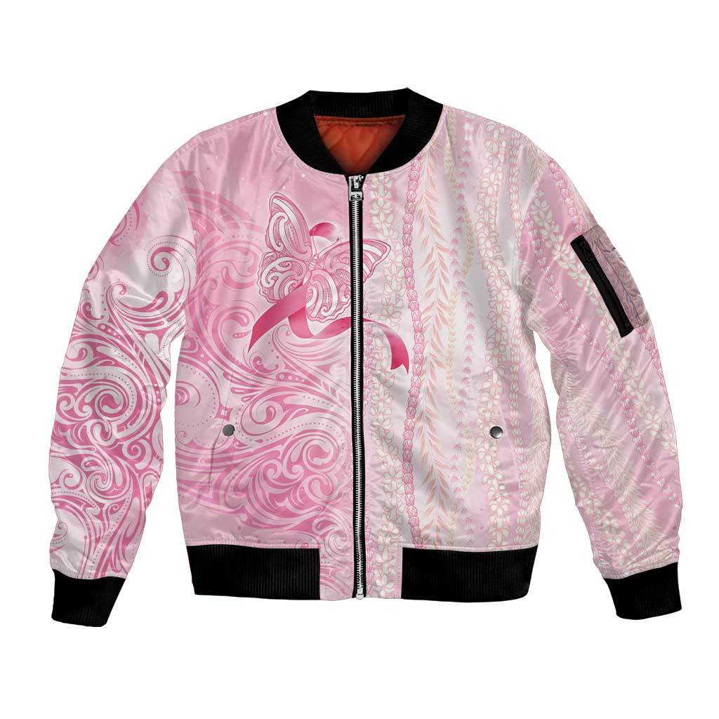Breast Cancer Awareness Sleeve Zip Bomber Jacket Maile Pikake Lokelani Crown Flower Lei Inspired