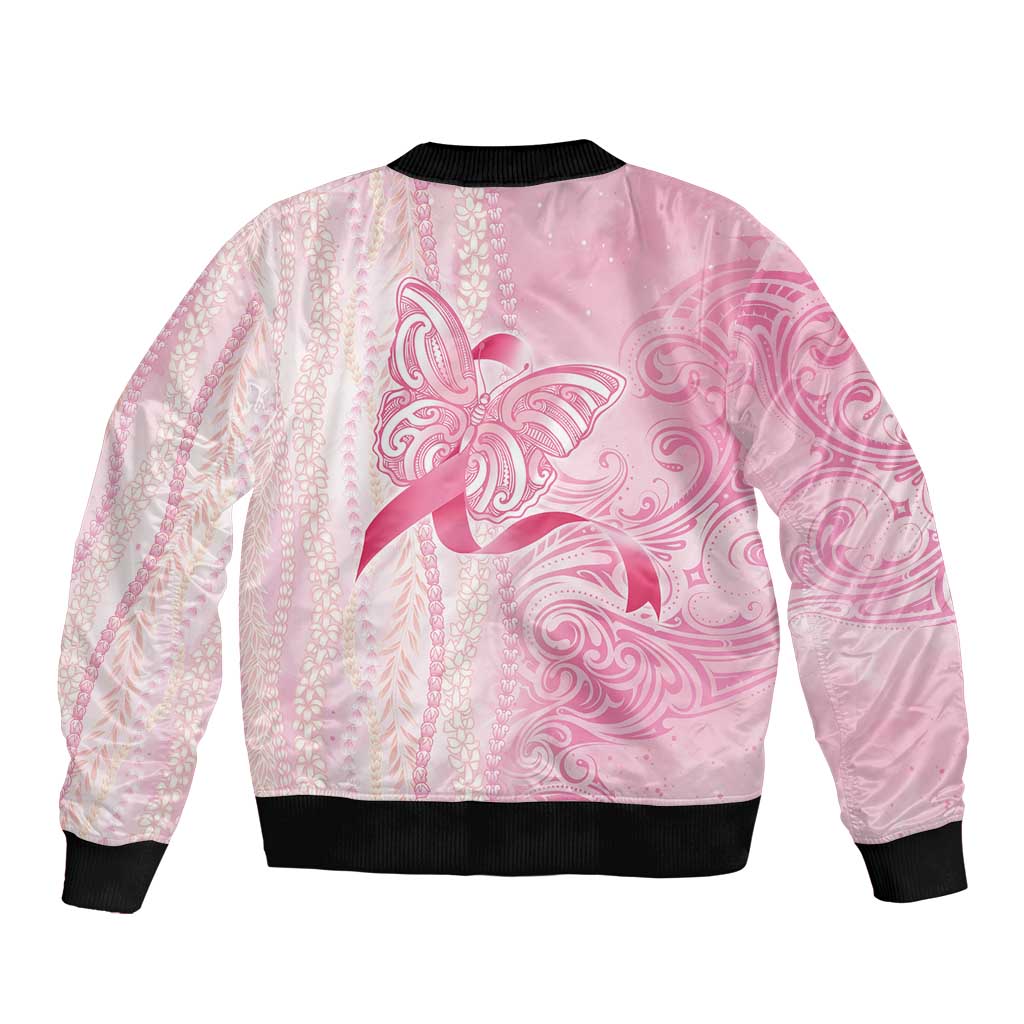Breast Cancer Awareness Sleeve Zip Bomber Jacket Maile Pikake Lokelani Crown Flower Lei Inspired