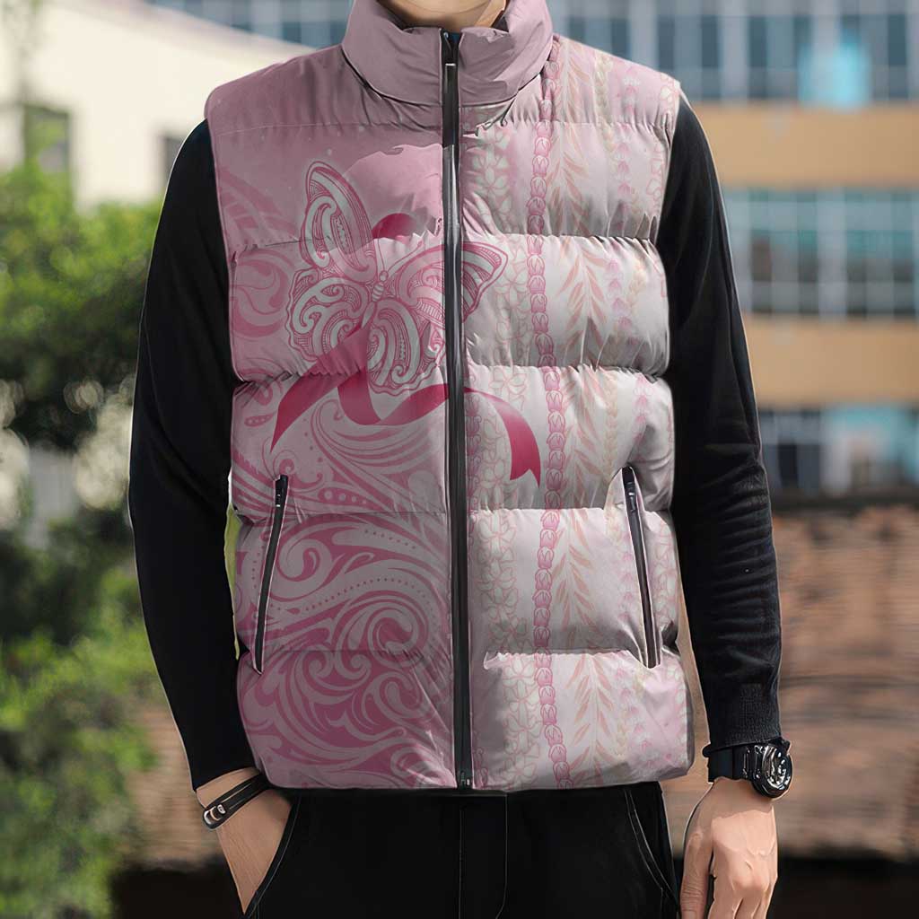 Breast Cancer Awareness Sleeveless Puffer Jacket Maile Pikake Lokelani Crown Flower Lei Inspired