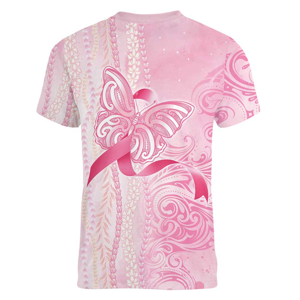 Breast Cancer Awareness Women V-Neck T-Shirt Maile Pikake Lokelani Crown Flower Lei Inspired LT9 - Polynesian Pride