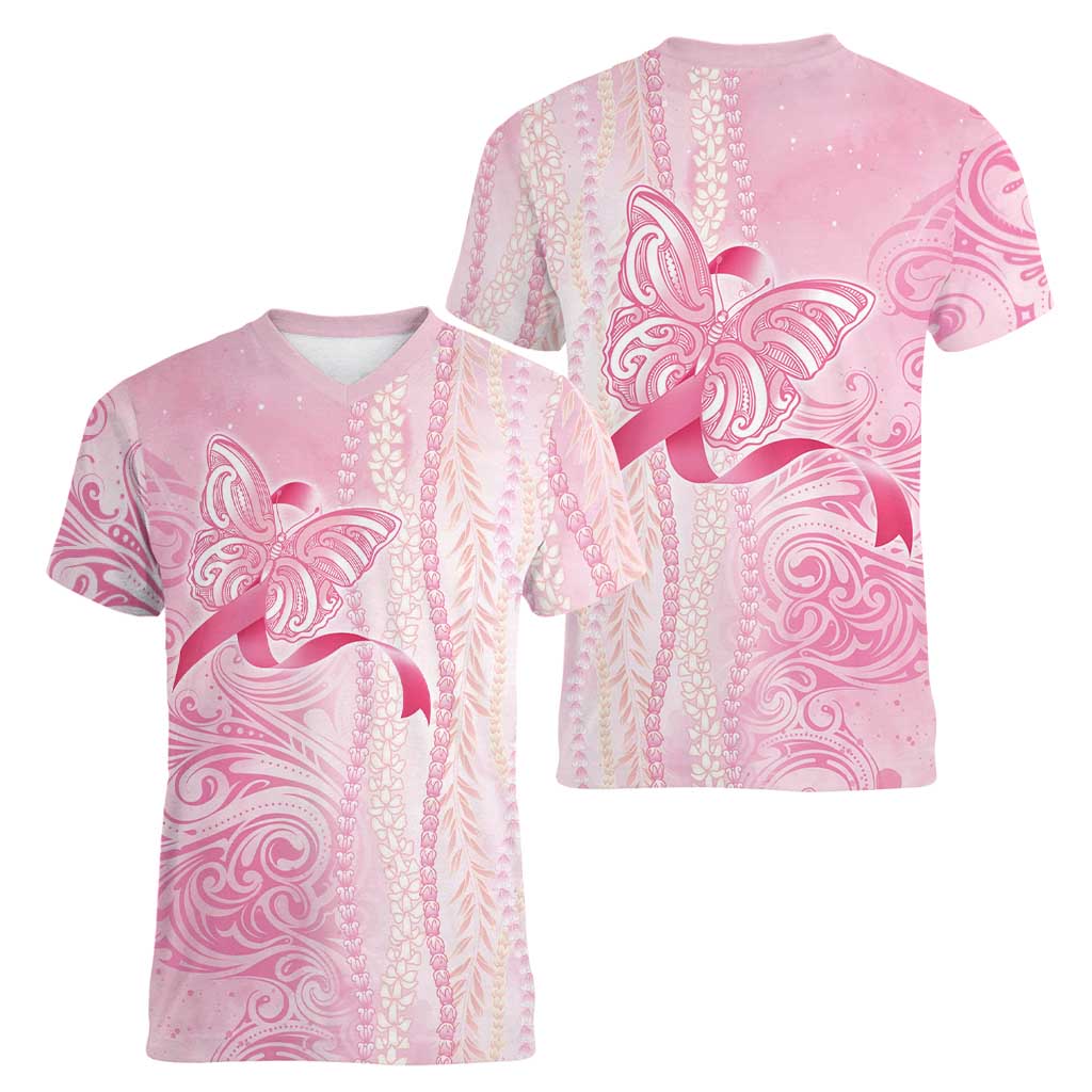 Breast Cancer Awareness Women V-Neck T-Shirt Maile Pikake Lokelani Crown Flower Lei Inspired LT9 - Polynesian Pride