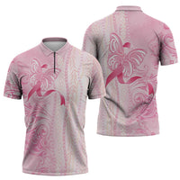 Breast Cancer Awareness Zipper Polo Shirt Maile Pikake Lokelani Crown Flower Lei Inspired