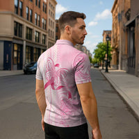 Breast Cancer Awareness Zipper Polo Shirt Maile Pikake Lokelani Crown Flower Lei Inspired