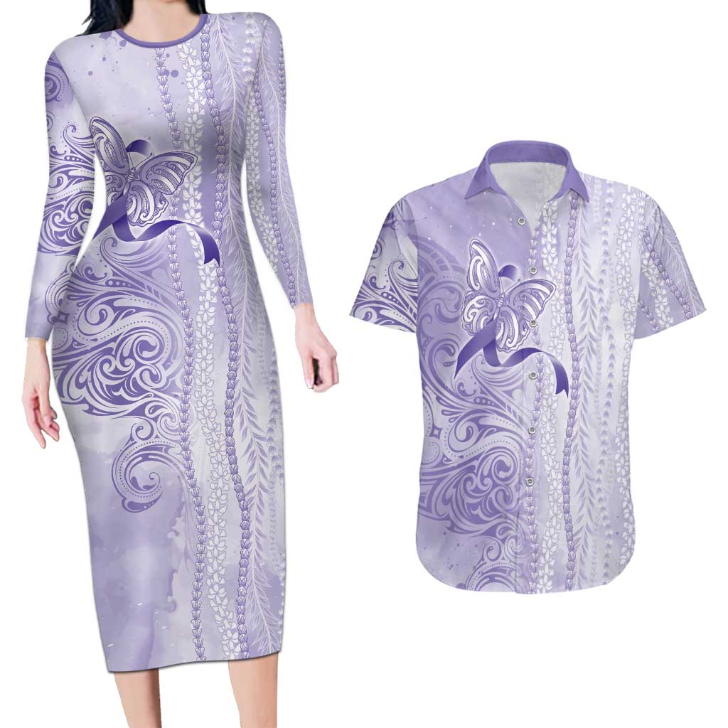 Epilepsy Awareness Couples Matching Long Sleeve Bodycon Dress and Hawaiian Shirt Maile Pikake Lokelani Crown Flower Lei Inspired LT9 Purple - Polynesian Pride