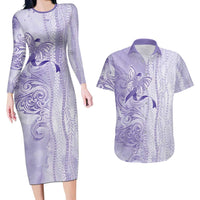 Epilepsy Awareness Couples Matching Long Sleeve Bodycon Dress and Hawaiian Shirt Maile Pikake Lokelani Crown Flower Lei Inspired LT9 Purple - Polynesian Pride