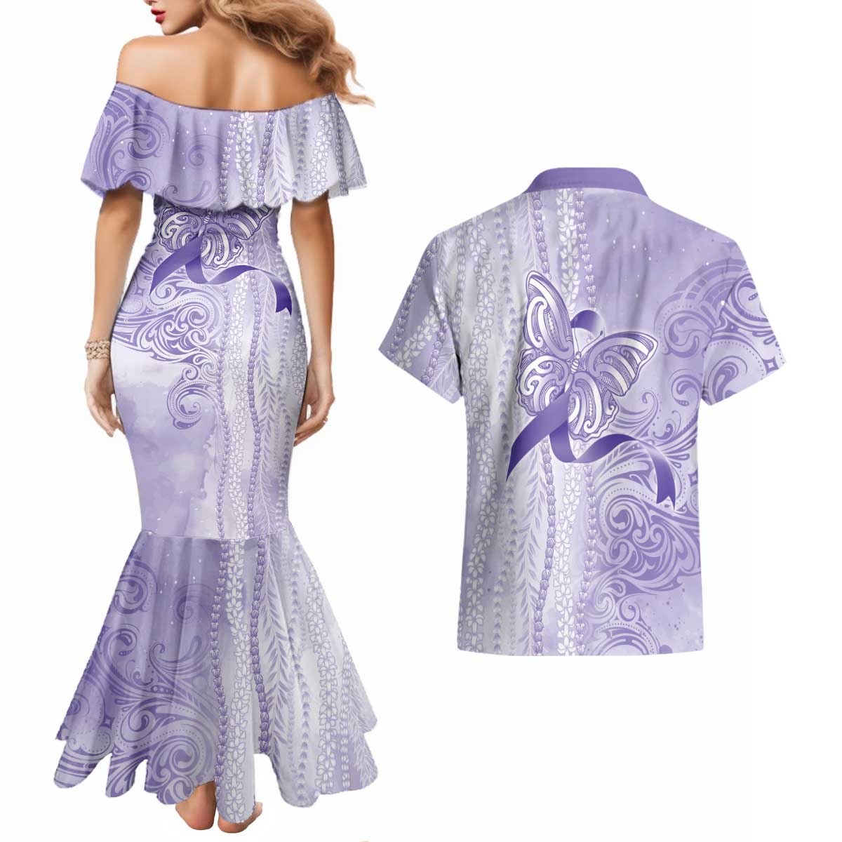Epilepsy Awareness Couples Matching Mermaid Dress and Hawaiian Shirt Maile Pikake Lokelani Crown Flower Lei Inspired LT9 - Polynesian Pride