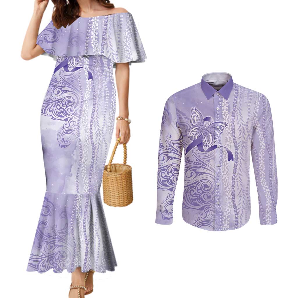 Epilepsy Awareness Couples Matching Mermaid Dress and Long Sleeve Button Shirt Maile Pikake Lokelani Crown Flower Lei Inspired