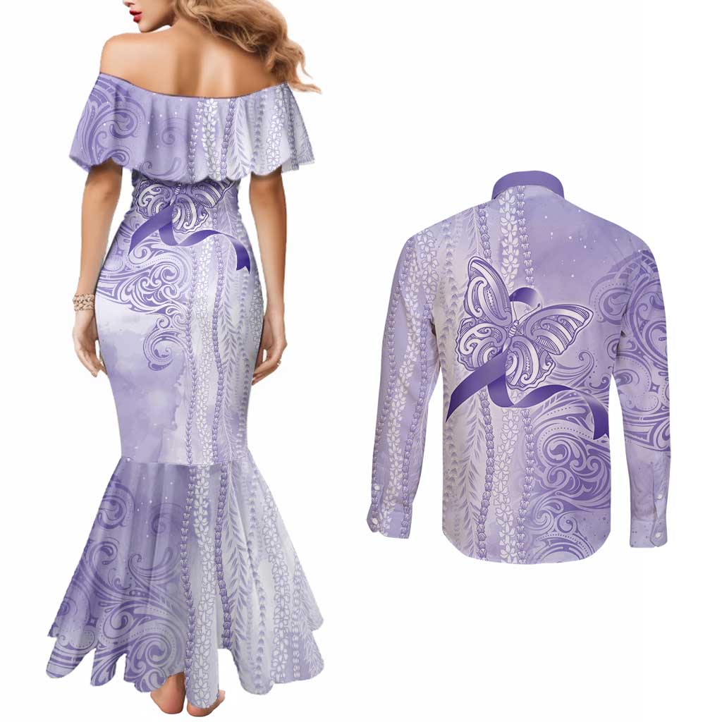 Epilepsy Awareness Couples Matching Mermaid Dress and Long Sleeve Button Shirt Maile Pikake Lokelani Crown Flower Lei Inspired