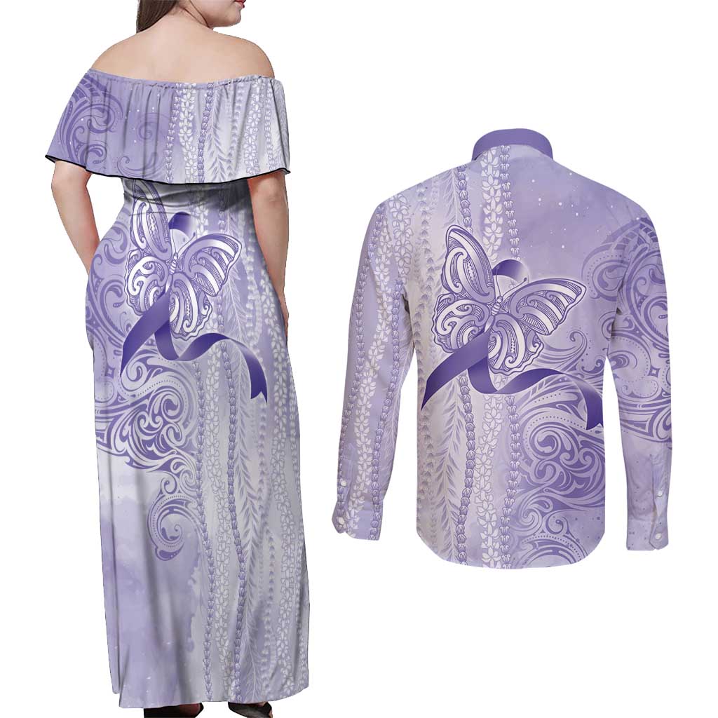 Epilepsy Awareness Couples Matching Off Shoulder Maxi Dress and Long Sleeve Button Shirt Maile Pikake Lokelani Crown Flower Lei Inspired