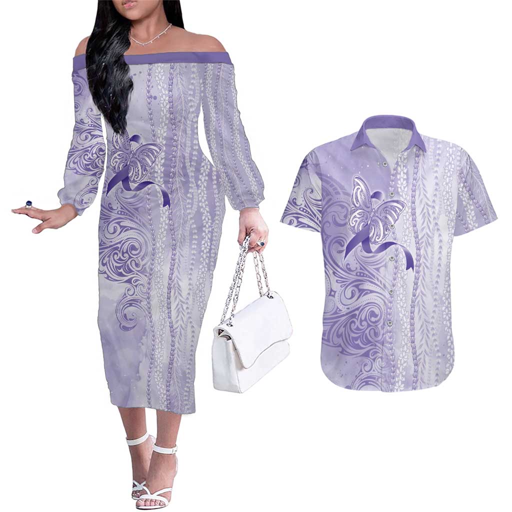 Epilepsy Awareness Couples Matching Off The Shoulder Long Sleeve Dress and Hawaiian Shirt Maile Pikake Lokelani Crown Flower Lei Inspired LT9 Purple - Polynesian Pride