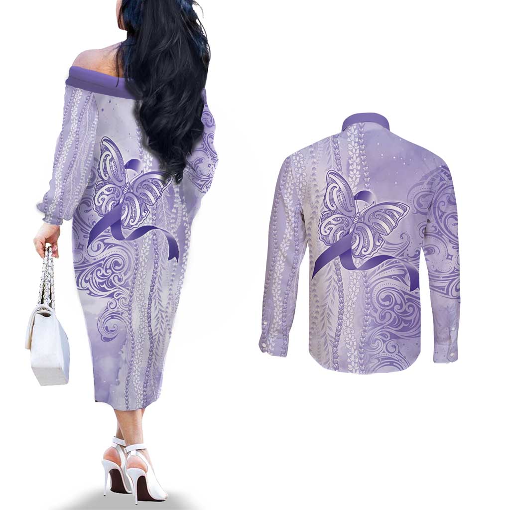 Epilepsy Awareness Couples Matching Off The Shoulder Long Sleeve Dress and Long Sleeve Button Shirt Maile Pikake Lokelani Crown Flower Lei Inspired
