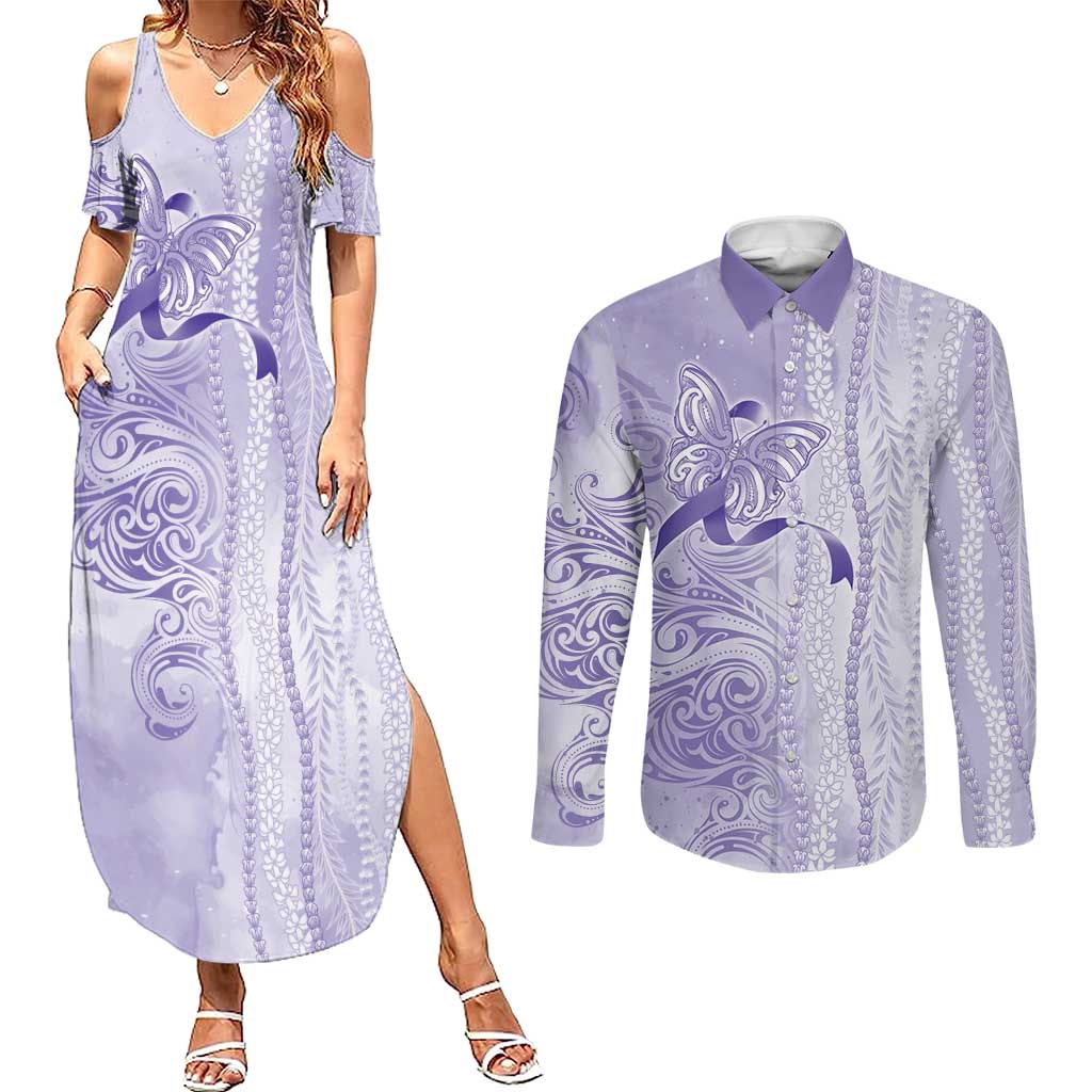 Epilepsy Awareness Couples Matching Summer Maxi Dress and Long Sleeve Button Shirt Maile Pikake Lokelani Crown Flower Lei Inspired
