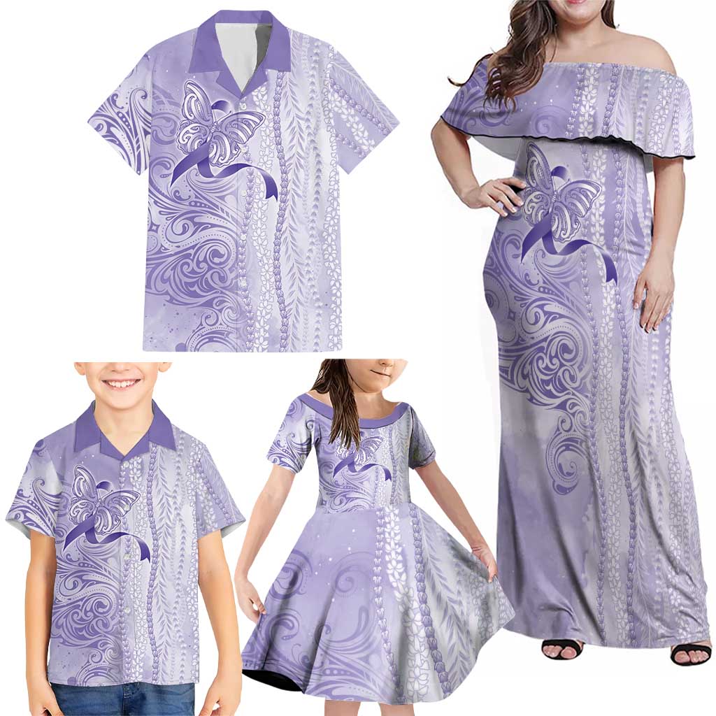 Epilepsy Awareness Family Matching Off Shoulder Maxi Dress and Hawaiian Shirt Maile Pikake Lokelani Crown Flower Lei Inspired