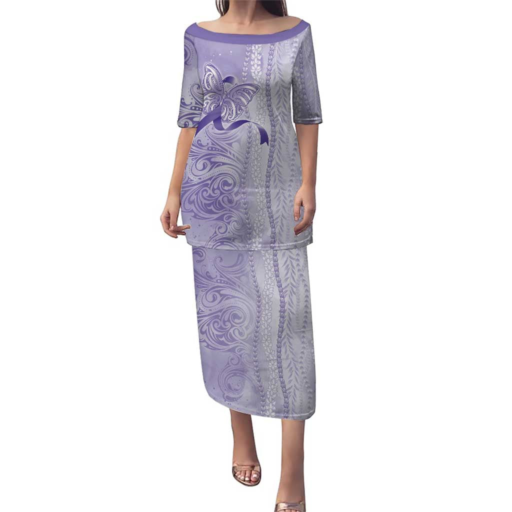 Epilepsy Awareness Family Matching Puletasi and Hawaiian Shirt Maile Pikake Lokelani Crown Flower Lei Inspired LT9 Mom's Dress Purple - Polynesian Pride