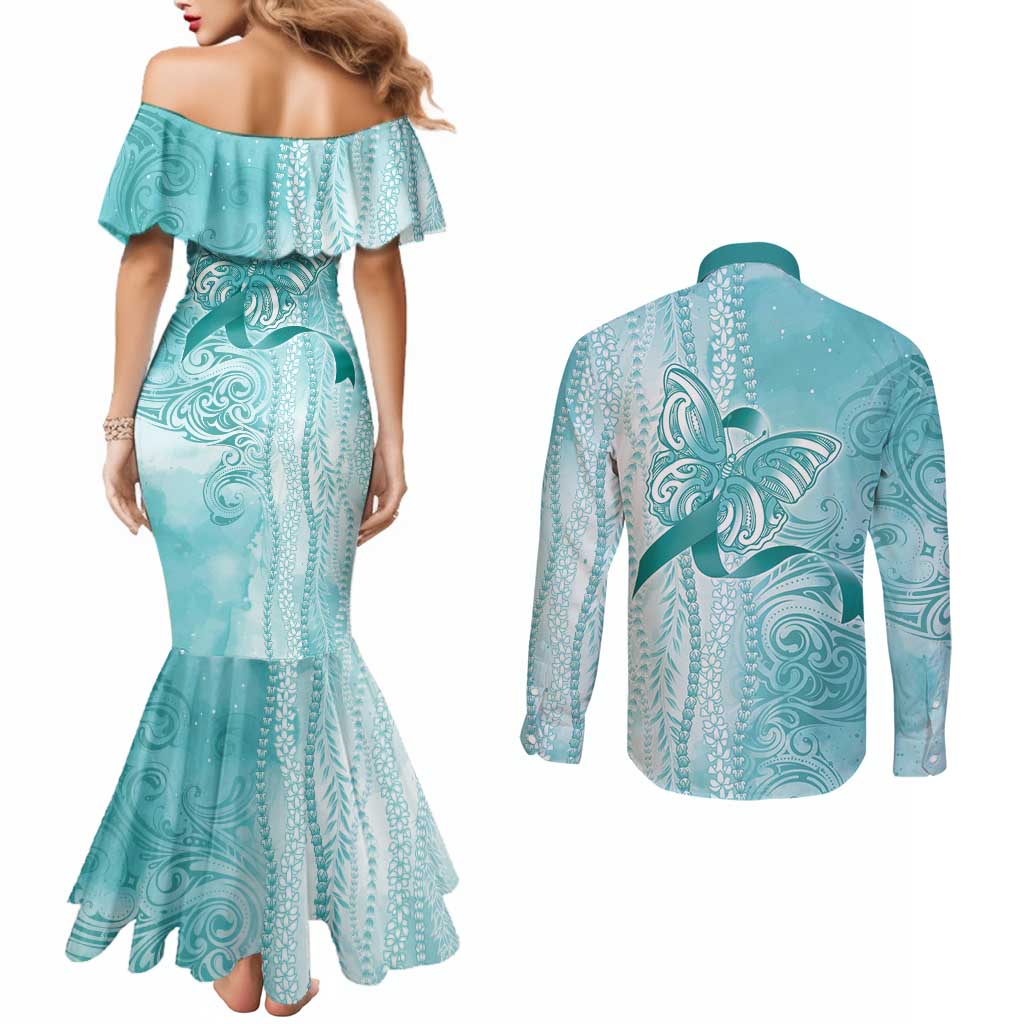PTSD Awareness Couples Matching Mermaid Dress and Long Sleeve Button Shirt Maile Pikake Lokelani Crown Flower Lei Inspired