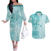 PTSD Awareness Couples Matching Off The Shoulder Long Sleeve Dress and Hawaiian Shirt Maile Pikake Lokelani Crown Flower Lei Inspired LT9 Teal - Polynesian Pride