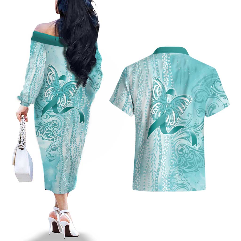 PTSD Awareness Couples Matching Off The Shoulder Long Sleeve Dress and Hawaiian Shirt Maile Pikake Lokelani Crown Flower Lei Inspired LT9 - Polynesian Pride