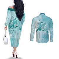 PTSD Awareness Couples Matching Off The Shoulder Long Sleeve Dress and Long Sleeve Button Shirt Maile Pikake Lokelani Crown Flower Lei Inspired