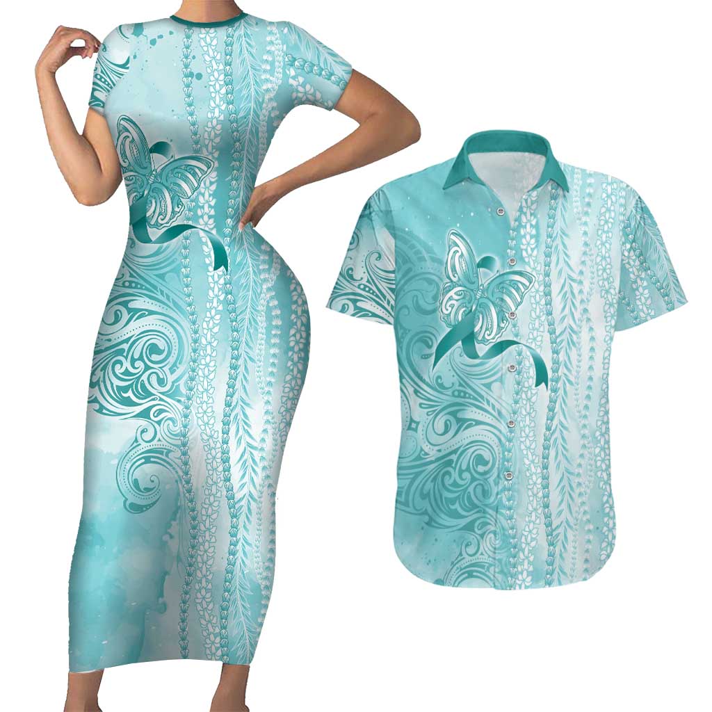PTSD Awareness Couples Matching Short Sleeve Bodycon Dress and Hawaiian Shirt Maile Pikake Lokelani Crown Flower Lei Inspired LT9 Teal - Polynesian Pride